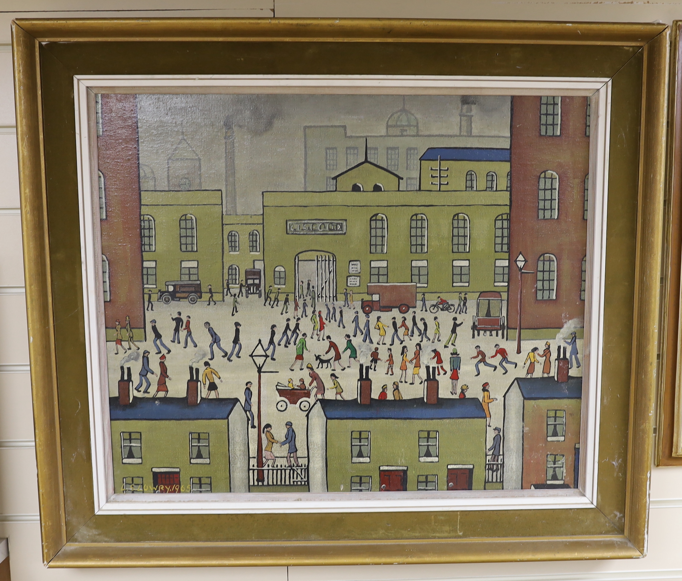 After Laurence Stephen Lowry RBA RA (British 1887-1976), oleograph on canvas, Salford Factory landscape with figures, 50 x 60cm